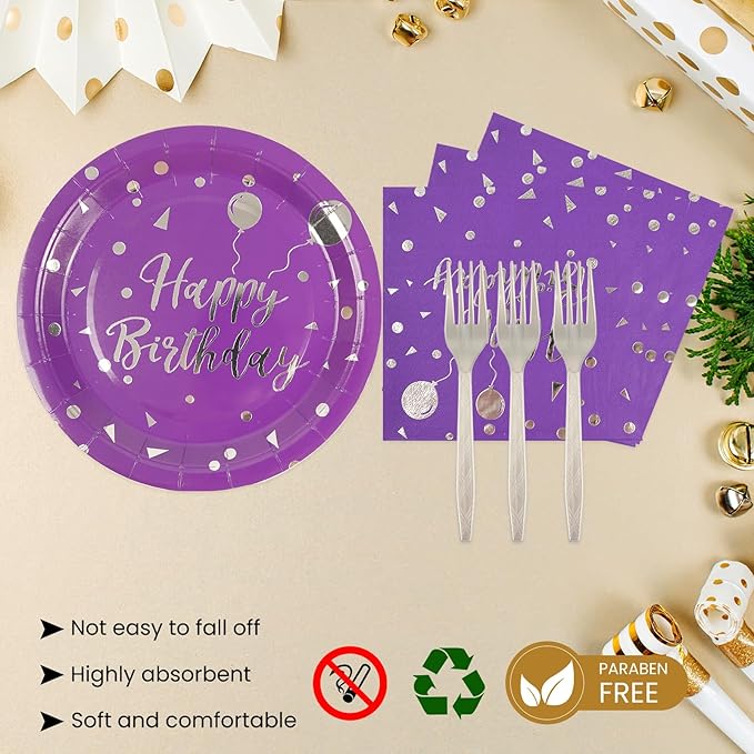 75PCS Happy Birthday Paper Plates and Napkins Set-Disposable Purple and Sliver 7IN Party Dessert Plates 6.5IN Napkins Gold Forks Tableware Set for Birthday Wedding Graduation Party Decoration Serve 25