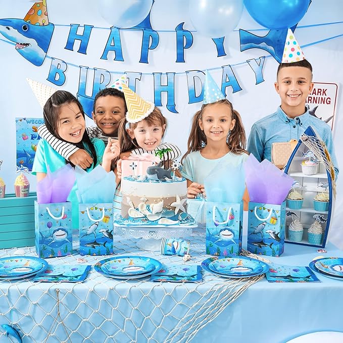 WERNNSAI 16Pcs Shark Party Favor Bags - Blue Shark Birthday Party Gift Bags for Kids Boys Under The Sea Birthday Decorations Shark Goodie Bags with Handle for Baby Shower Ocean Sea Party Supplies