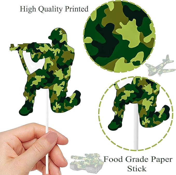 36pcs Camo Cupcake Toppers Camouflage Cake Decorations Military Cupcake Picks for Army Soldier Theme Birthday Party Baby Shower Supplies
