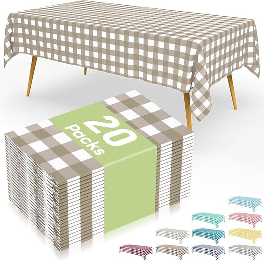 Smiry 20 Packs Gingham Disposable Table Cloth, 54 x 108 Inch Waterproof Plastic Tablecloth, Rectangle Khaki and White Checkered Table Covers for Outdoor, Picnic, Birthday, Party