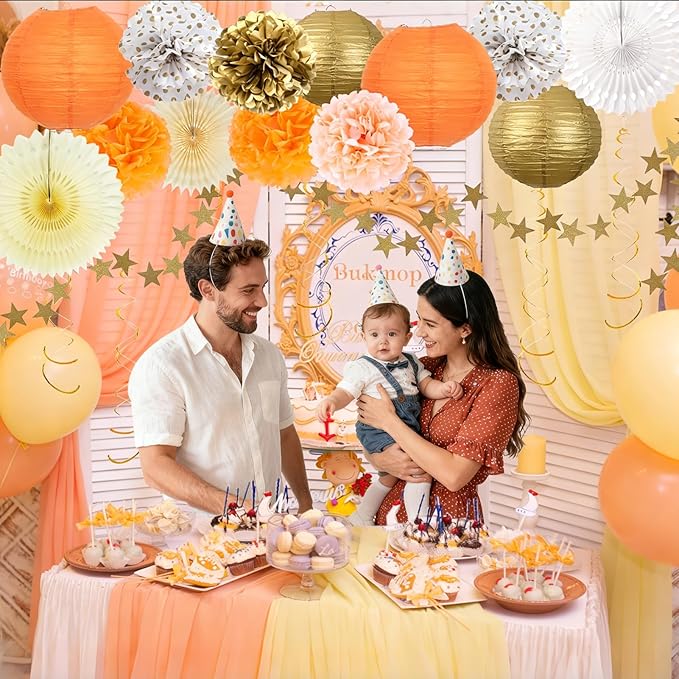20Pcs Birthday Decorations Paper Fans Lanterns,Fall Party Decorations Pom Poms Flowers,Orange Champagne Gold Bohemian Style Party Decoration for Autumn Girls Women Baby Shower Wedding Thanksgiving
