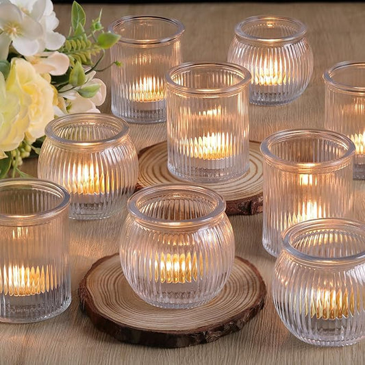 NITIME 12pcs Assorted Votive Candle Holders for Wedding Decor, Clear Ribbed Tea Lights Candle Holder, Glass Candle Holder for Table Centerpiece, Party and Holiday Decorations