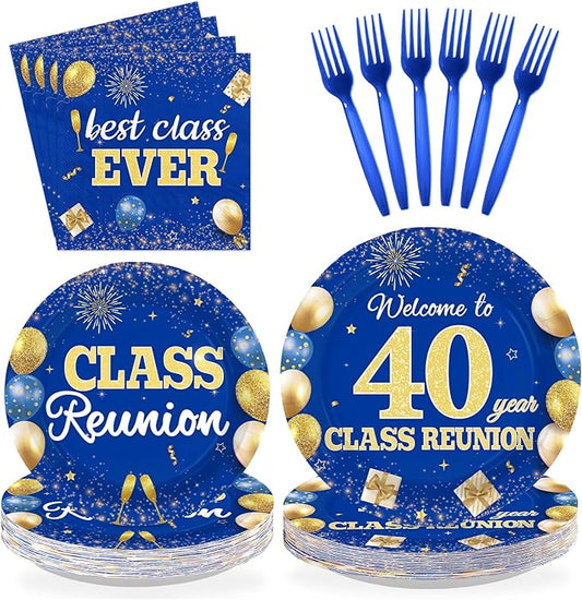 96Pcs 40th Class Reunion Decorations Happy 40th Anniversary Plates and Napkins Blue Gold Graduation Tableware Set for Class Reunion Welcome Back 40 Years Classmate Party Supplies Serves 24