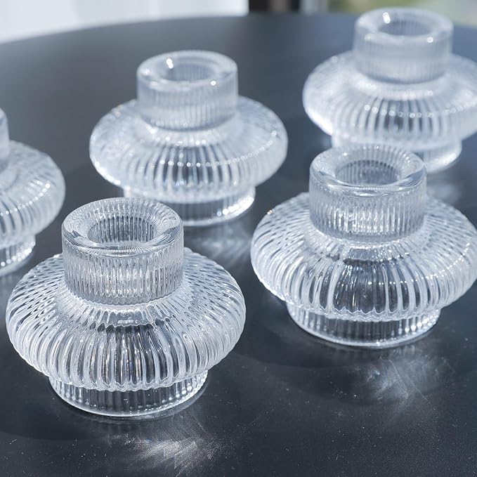 VOHO Vintage Candlestick Holders Set of 6, Dual Sided Candle Sticks Holder Decor for Taper Candles/Tea Lights Candles, Ribbed Candle Holder for Dining Table Centerpiece, Wedding/Christmas Decor(Clear)