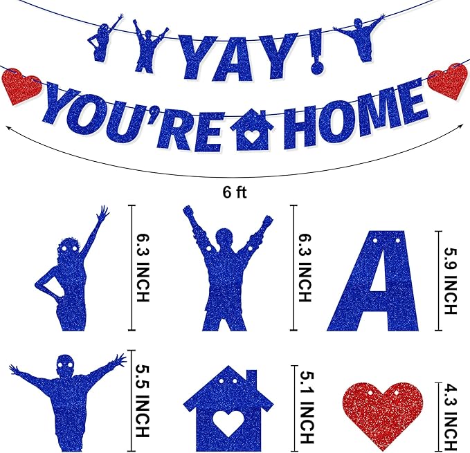 Pre-Strung Yay! You’re Home Banner, NO DIY Glitter Welcome Home Decorations for Military Army Returning Homecoming Party, Blue