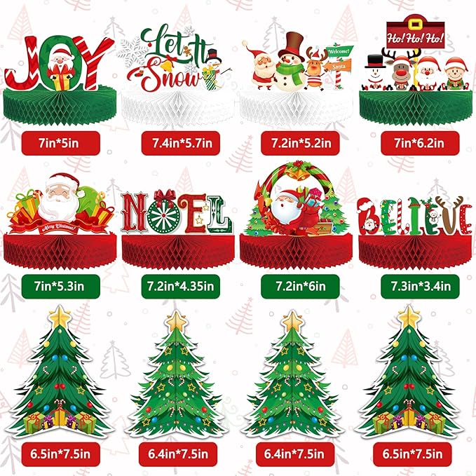 KALEFO 12 Pcs Christmas Honeycomb Centerpieces Santa Reindeer Design for Winter Xmas Holiday Party 3D Table Decor Supplies