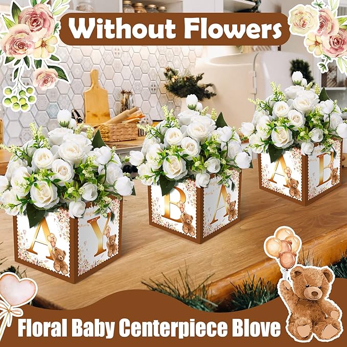 Bucherry 6 Pcs Baby Shower Centerpieces with Letters, 7" Baby Blocks Flower Boxes for Table Decorations, Gender Reveal Party Supplies & Photo Props(Brown,Brown Bear)