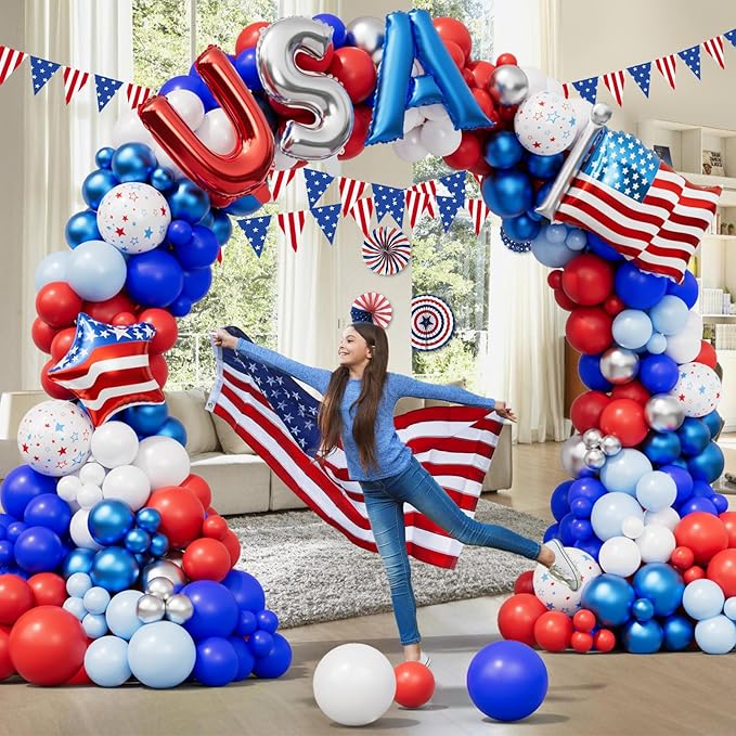 DBKL 156Pcs Red White and Blue Balloons Garland Arch Kit with USA Flag Foil Balloon, Patriotic Balloons for 4th of July Graduation Birthday Baseball Party Decorations