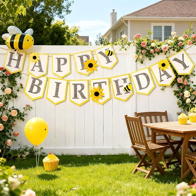 SUNBEAUTY Bee Birthday Party Decorations Bumble Bee Felt Happy Birthday Banner with Sunflower Garland Banner Hanging HoneyBee Decorations for Party Baby Shower Garden Spring Summer(8.2ft)