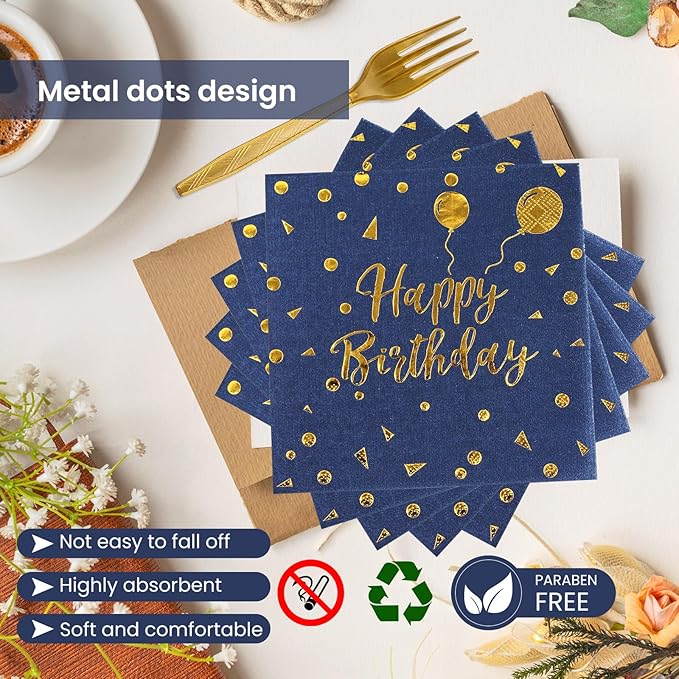 96PCS Happy Birthday Plates and Napkins Party Supplies, Black and Gold Disposable Paper Plates and Napkins with Forks Tableware Set for Birthday Party Decorations 24 Guests (Birthday Blue)