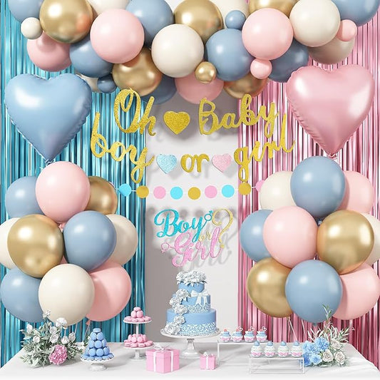 Boy or Girl Gender Reveal Decorations, Dusty Pink Blue Sand White Gold Latex Foil Balloon Oh Baby Banner Boy or Girl Cake Topper Fringe Curtain for Boho Baby Shower Gender Reveal Party Decoration