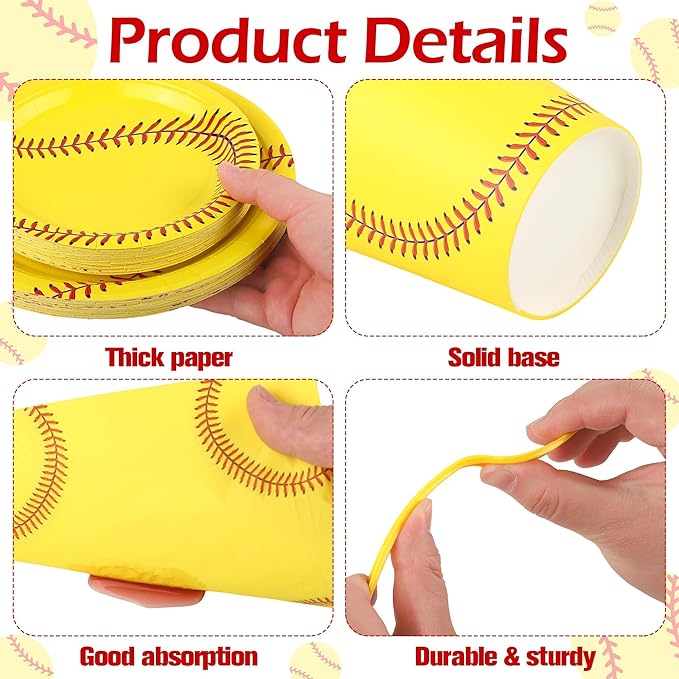 Kochorie 144 Pieces Softball Paper Plates and Napkins Sports Party Tableware Sets Including Disposable Paper Plates Napkins Cups Forks Serves 24 for Birthday Sports Softball Party Decorations