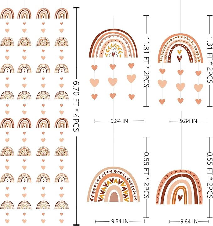Boho Rainbow Party Decorations Rainbow Heart Boho Hanging Cutout Garland Streamer for Groovy Retro Hippie Birthday Baby Shower Wedding Engagement Party Supplies Classroom Nursery Wall Ceiling Decor