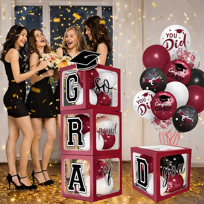2026 Graduation Decorations - Maroon Balloon Boxes with Letters 2026 Grad & So Proud of You and Maroon Black White Print Balloons, Graduation Party Decorations Class of 2026 for Any Grades