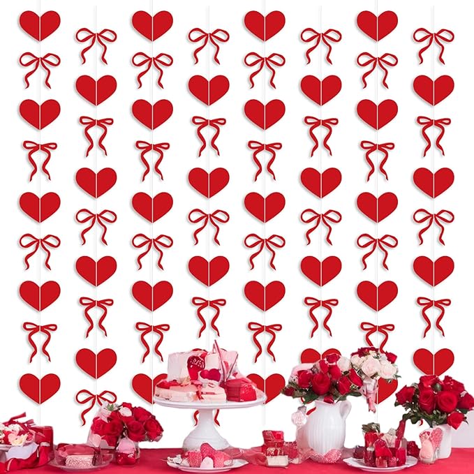 TaoBary 8 Pack Valentine's Day Red Heart Garland 6.56 ft Pre Strung Bow Bunting Banner Romantic Love Streamer Paper Hanging Decorations for Home Office Anniversary Wedding Engagement Party Decor