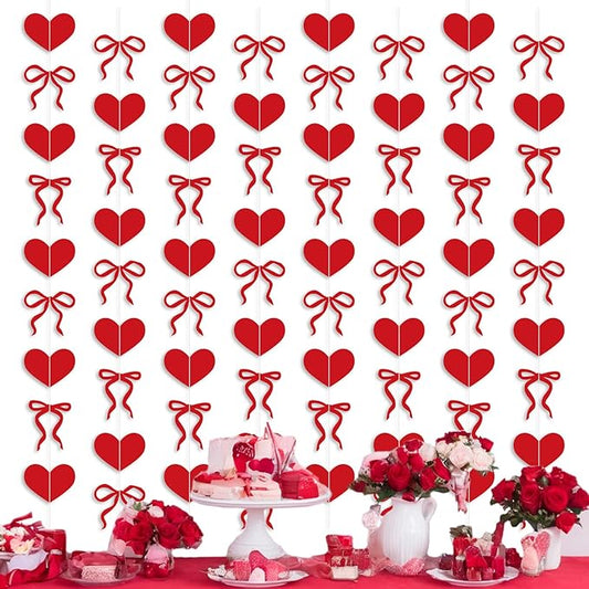 TaoBary 8 Pack Valentine's Day Red Heart Garland 6.56 ft Pre Strung Bow Bunting Banner Romantic Love Streamer Paper Hanging Decorations for Home Office Anniversary Wedding Engagement Party Decor