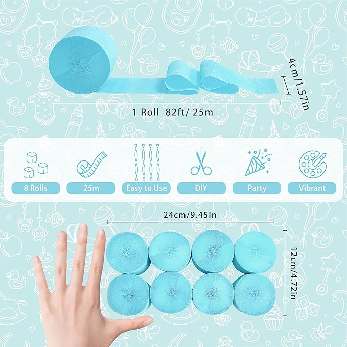 8 Rolls Crepe Paper Streamers, Light Sky Blue Streamers Party Decorations for Baby Shower Birthday Gender Reveal Under The Sea Party