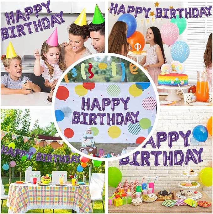 Dark Purple Happy Birthday Balloons Banner 16 Inch Mylar Foil Letters, Inflatable Party Decor and Birthday Decorations for Women, Men, Boys & Girls Kids and Adults, Reusable, Party Supplies