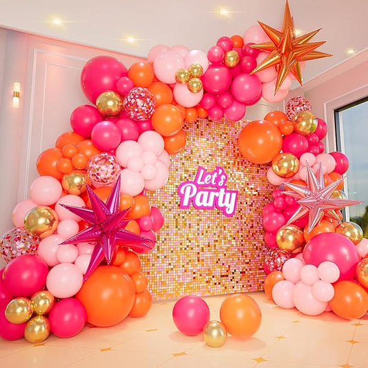 Pink and Orange Balloon Arch Kit with Hot Pink Orange Metallic Gold Latex Balloons Garland kit 18 12 10 5Inch Different Size Balloons for Birthday Baby Shower Wedding Summer Party Decorations
