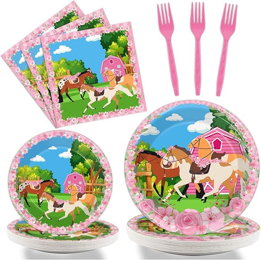 96 Pcs Horse Party Plates Napkins Tableware Set Kentucky Birthday Party Supplies Derby Disposable Paper Dinnerware Pink Cowgirl Western Theme Table Decoration Favors for Girls Baby Shower, 24 Guests