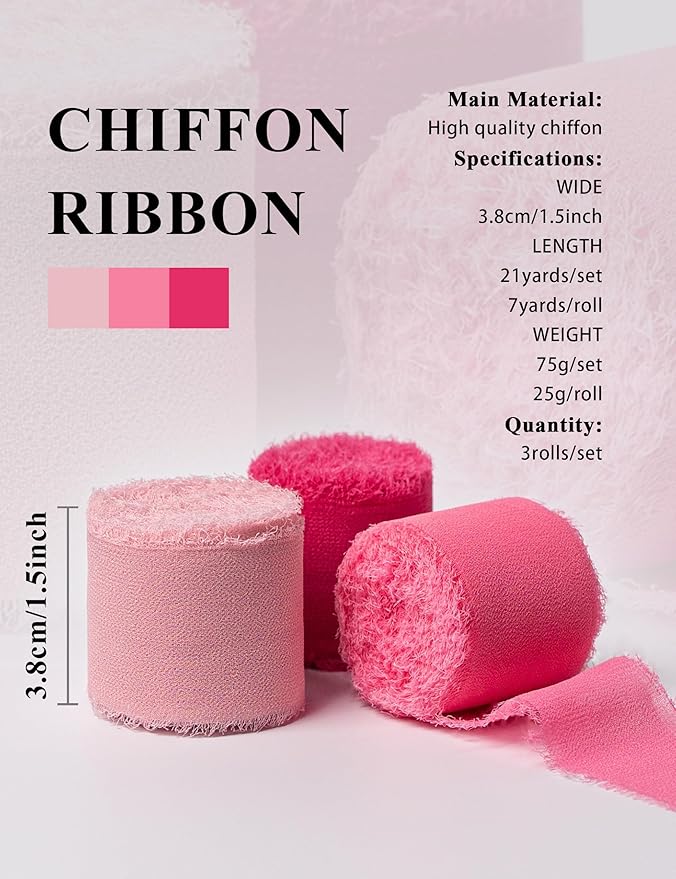 Chiffon Ribbon, Hot Pink Pastel Pink 1.5''x21Yd Frayed Fringe Silk Ribbons for Gift Wrapping, Handmade Decor, Floral Vase, Wedding, Birthday, Engagement, Bridal Shower, Mother's Day, 3 Rolls