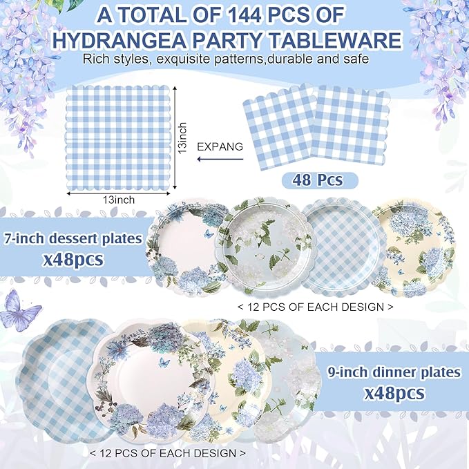 144 Pcs 48 Guests Hydrangea Party Plates and Napkins Blue White Hydrangea Paper Plates Napkins Flower Floral Checkered Disposable Tableware for Vintage Baby Shower Wedding Tea Party Supplies