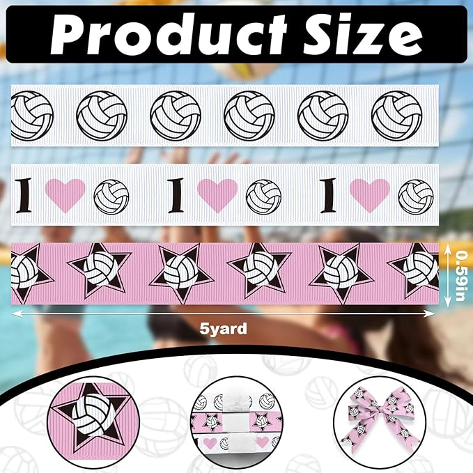 3 Rolls 15 Yards Volleyball Ribbon White Pink Sports Ball Ribbons for Hair Bows Crafts Gift Wrapping 5/8'' Ball Game Ribbons for Sport Team Birthday Party Home Decoration