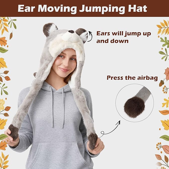 Surblue Animal Hat with Ears Moving Jumping Winter Plush Cap Halloween Christmas Party for Adult Teenager, One Size