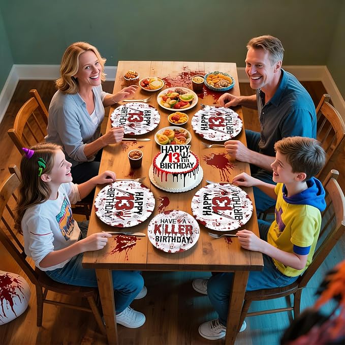 Grencian 96Pcs Killer Happy 13th Birthday Party Supplies Red and Black Bloody Hand Themed Paper Plates and Napkins Horror Tableware for Boy Girl 13th Stranger Birthday Party Decorations Serve 24