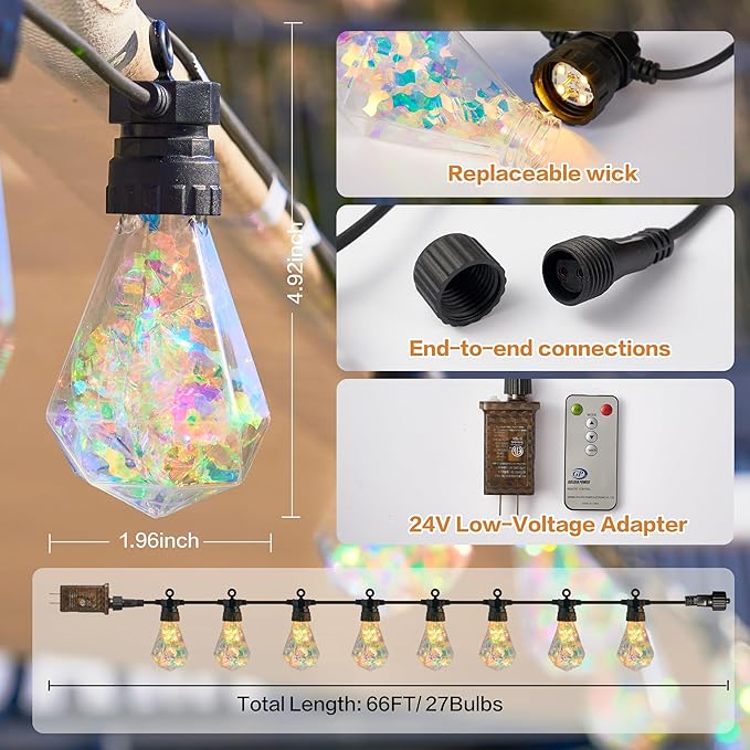 Outdoor String Lights, 66FT 27 LED Iridescent Holographic Bulbs, Waterproof Patio Lights with Remote Control, Shatterproof Connectable Lights for Backyard, Porch, Garden, and Party
