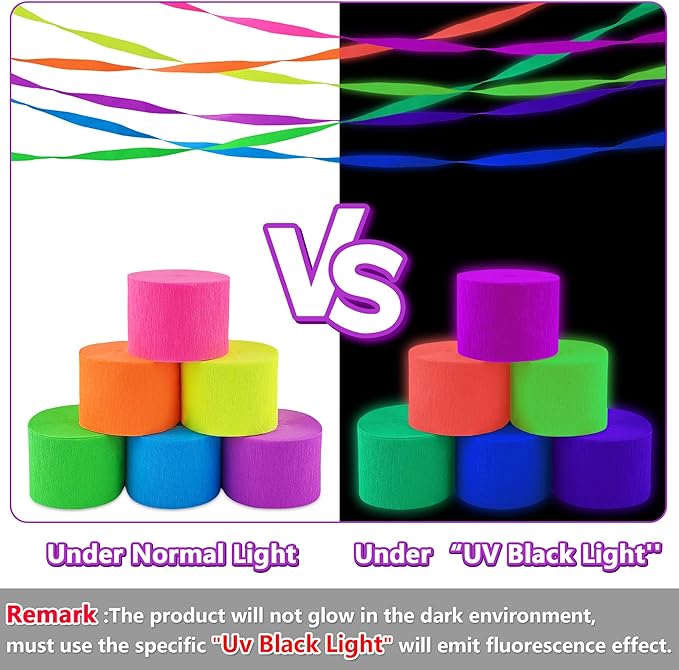 Neon Crepe Paper Streamers, 2.2" x 123 Ft Per Roll Glow in The Dark Streamers 6 Rolls for Rainbow Birthday Party Wedding Decorations UV Blacklight Reactive Fluorescent Party Supplies