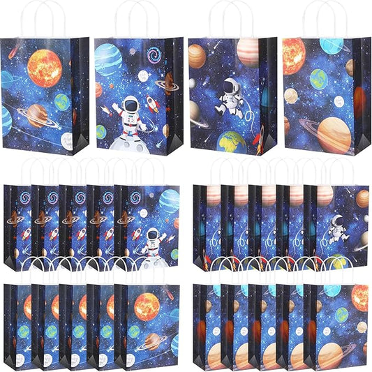 Gaillty 24 Pcs Outer Space Party Favor Bags Galaxy Goodie Gift Bags with Handles Kraft Paper Solar Treat Candy Totes for Astronaut Science Themed Birthday Party Supplies Decorations