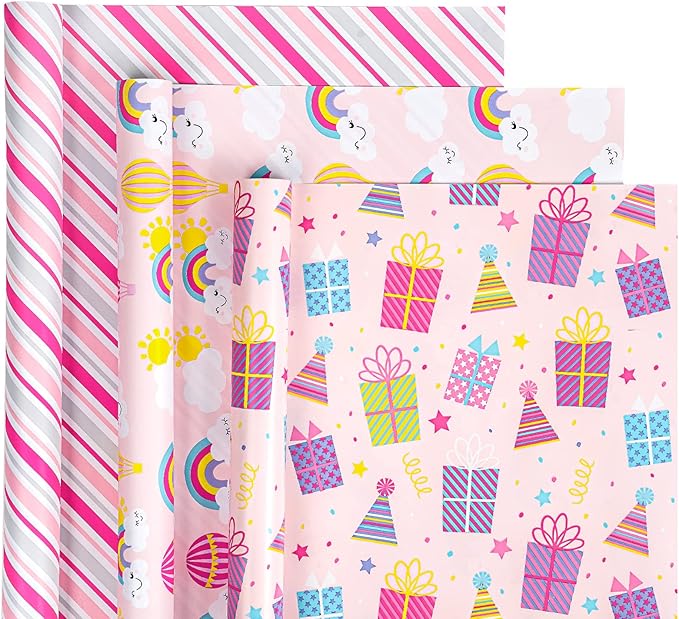 WRAPAHOLIC Birthday Wrapping Paper Roll - Mini Roll - 3 Rolls - 17 Inch X 120 Inch Per Roll - Pink Rainbow, Birthday Gift Boxes, Stripes for Kid's Birthday, Baby Shower
