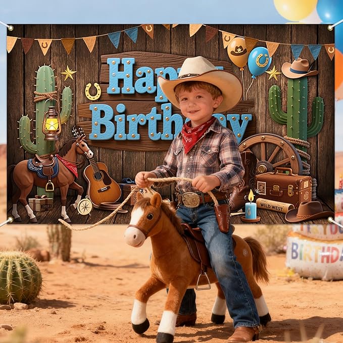 Mocsicka Western Cowboy Birthday Backdrop Wild West Happy Brithday Party Decorations Banner for Boys Western Themed Party Photography Bakground Supplies (Brown, 70.8x43.3 inch)