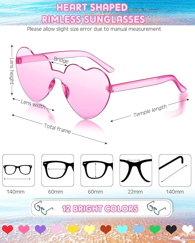 Kingdder 24 Pairs Heart Shaped Sunglasses Rimless Glasses Bulk Candy Color Tinted Eyewear Summer Party Favors