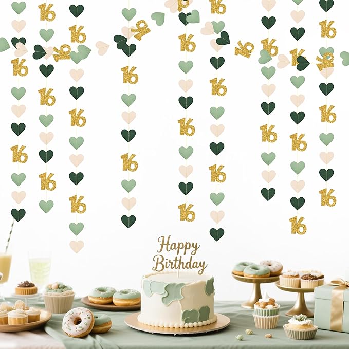 Sage Green Gold 16th Birthday Decorations Sage Green Gold Heart Garland Streamer Banner Backdrop for Girls Happy 16th Birthday Sweet 16 Decorations Cheers to 16 Years Old Anniversary Party Supplies