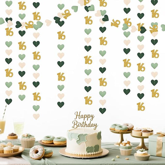 Sage Green Gold 16th Birthday Decorations Sage Green Gold Heart Garland Streamer Banner Backdrop for Girls Happy 16th Birthday Sweet 16 Decorations Cheers to 16 Years Old Anniversary Party Supplies