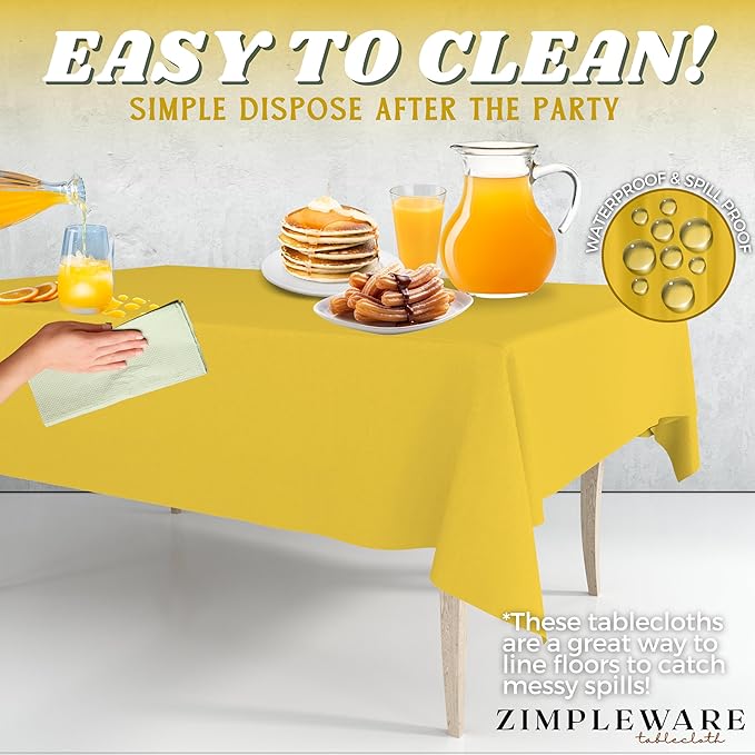 ZIMPLEWARE Premium Yellow Plastic Table Cloth Disposable (6 Pk) Plastic Tablecloths for Rectangle Tables (54in x 108in) Party Table Cloths Disposable for 6ft to 8ft Rectangle Tables