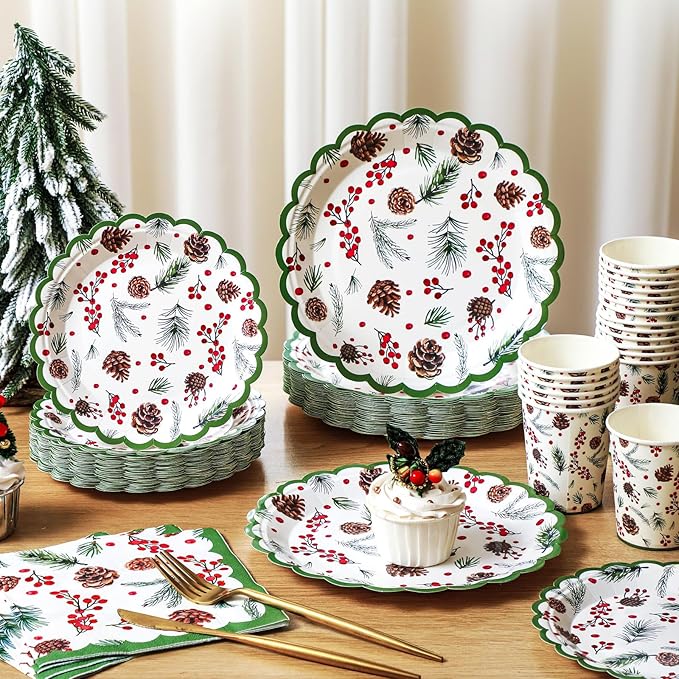 Domensi 250 Pcs Christmas Party Supplies Holly Leaf Berries Christmas Paper Plates and Napkins Cups Disposable Plates Napkins Tableware Set for 50 Guests for Xmas Winter Holiday Decoration