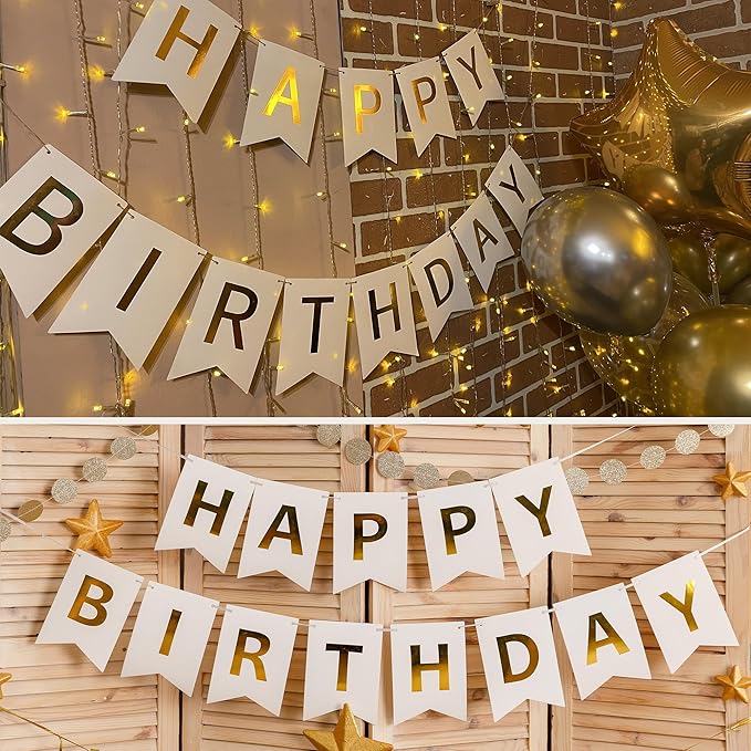 Happy Birthday Banner Signs with Shiny Gold Letters, Gold Birthday Party Decorations for Women Men Girls Boys
