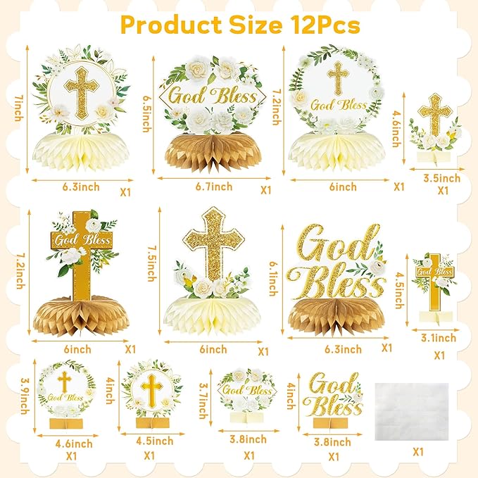 ANGOLIO White Gold Floral Honeycomb Centerpieces - 12Pcs Cross Rose Greenery God Bless Baptism Party Decoration Baby Shower First Communion Birthday Party Supplies for Boy Girl 3D Wedding Table Topper