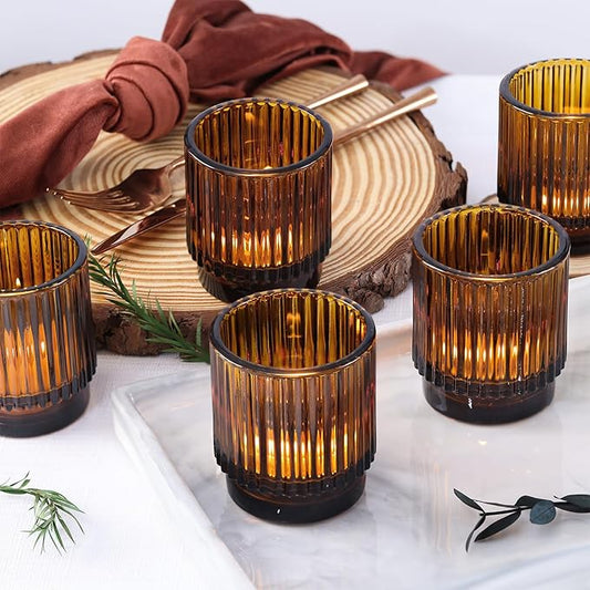 16 Pcs Large Amber Votive Candle Holders, Tealight Ribbed Candle Holders Glass for Thanksgiving Decorations, Amber Glass Candle Holder, Vintage Boho Christmas Table Decorations,