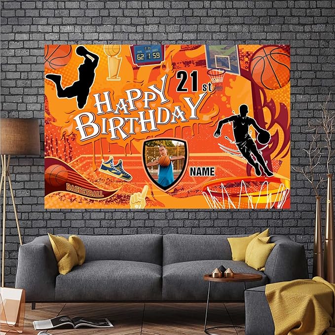 Custom Basketball Theme 21st Birthday Decorations Banner - Personalized Fabric Banner for 21st Birthday Party Supplies