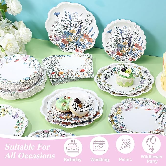 144 Pcs 48 Guests Wildflower Party Plates and Napkins Wildflower Paper Plates Napkins Wild Flower Floral Disposable Tableware for Baby Bridal Shower Wedding Birthday Garden Tea Party Supplies