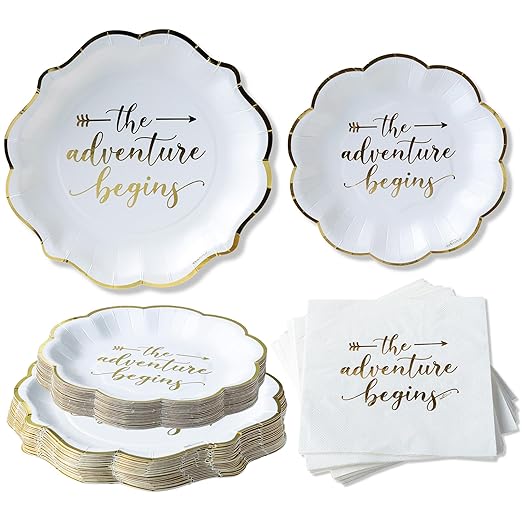 Kate Aspen The Adventure Begins Wedding Paper Plates and Napkins Set - 72 Piece Wedding Plates Disposable Party Tableware for 24 Guests - Bridal Shower Decorations, Engagement Party Decor