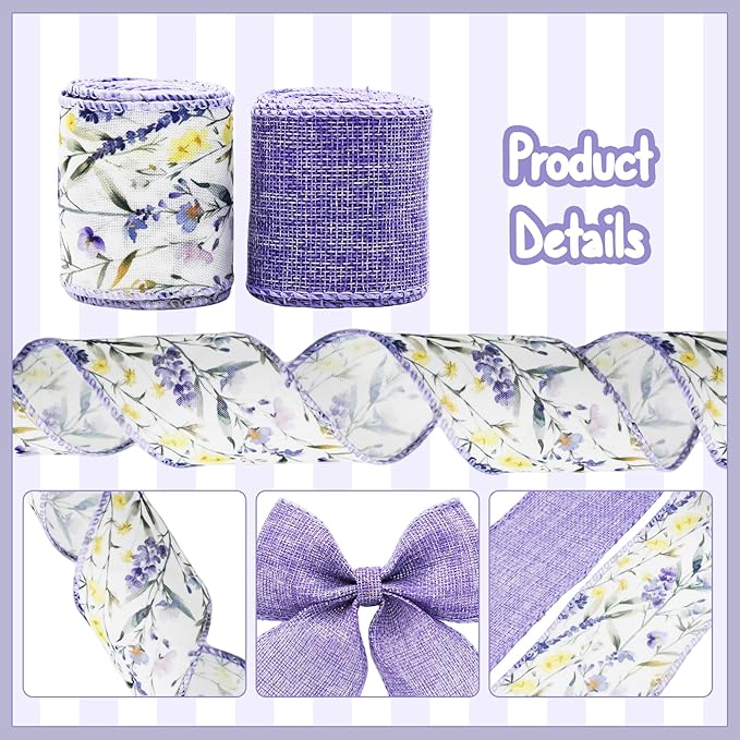Lavender Floral Wired Ribbon Set, 2 Rolls 2.5 Inch Wide, 10 Yards Total, Rustic Lavender Burlap Ribbon for Wedding Decor, Baby Shower, Wreaths, Spring Summer Home Decor, Mother's Day Decor