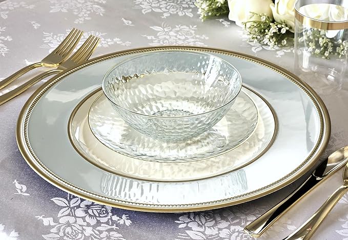 " OCCASIONS " 240 Plates Pack,(120 Guests) Heavyweight Premium Disposable Plastic Plates Set -120 x 10'' Dinner + 120 x 7'' Salad / Dessert (Coastal Clear & Gold)