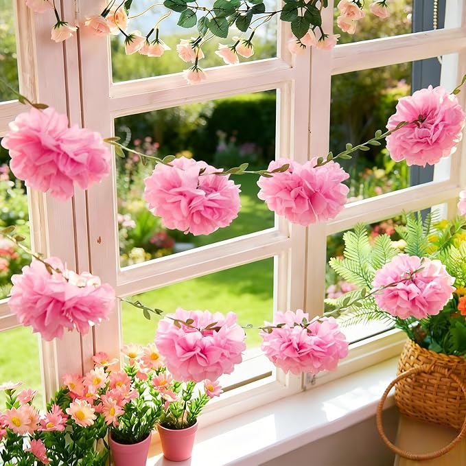 2PCS Pink Tissue Paper Pom Pom Garlands, Pink Party Decorations Tissue Paper Flowers Pom Pom with Green Leaves for Wedding Bridal Shower Party Decor