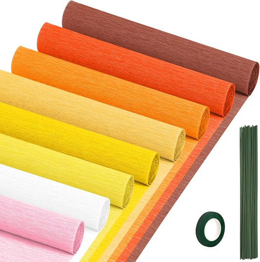 Crepe Paper Streamers 8 Rolls, 10 x 98Inch 8 Pumpkin Colors Crepe Paper Sheets for Halloween Thanksgiving Day DIY Gift Colourful Paper Flower Wrapping Paper Crafts Birthday Wedding Holiday