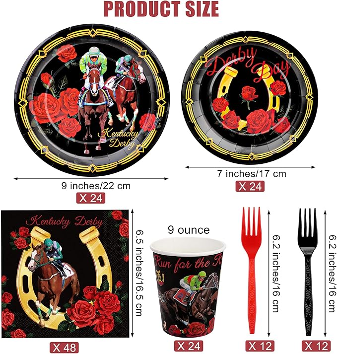 Kochorie 144 Pieces Kentucky Derby Horse Racing Party Tableware Sets Including Disposable Plates Napkins Cups Forks Serves 24 for Derby Day Horse Theme Party Supplies